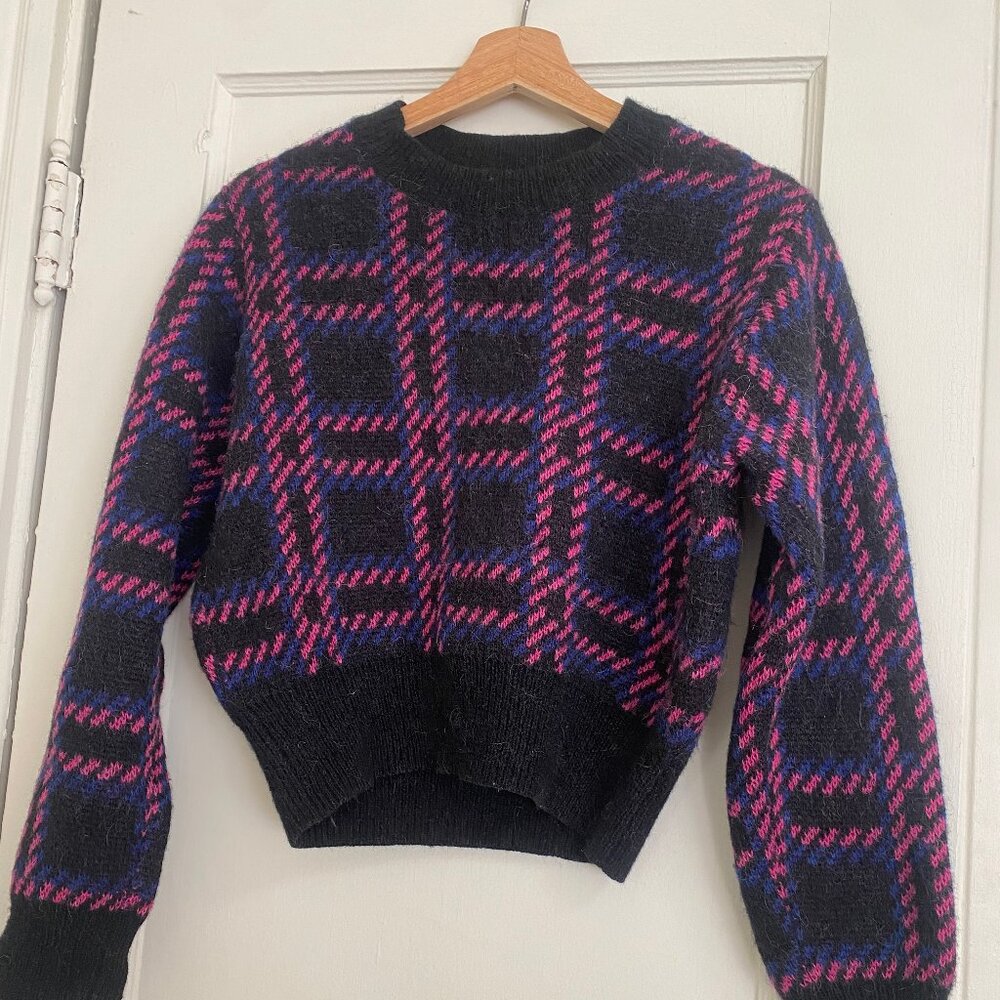 & Other Stories Black Pink Blue Check Alpaca Wool Blend Crop Sweater Size XS